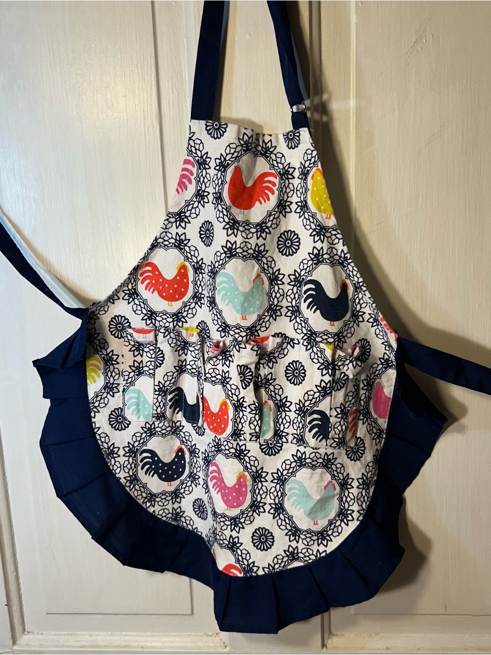 Kid’s Navy Blue Rooster Print Kitchen Apron - Charming Farmhouse Style